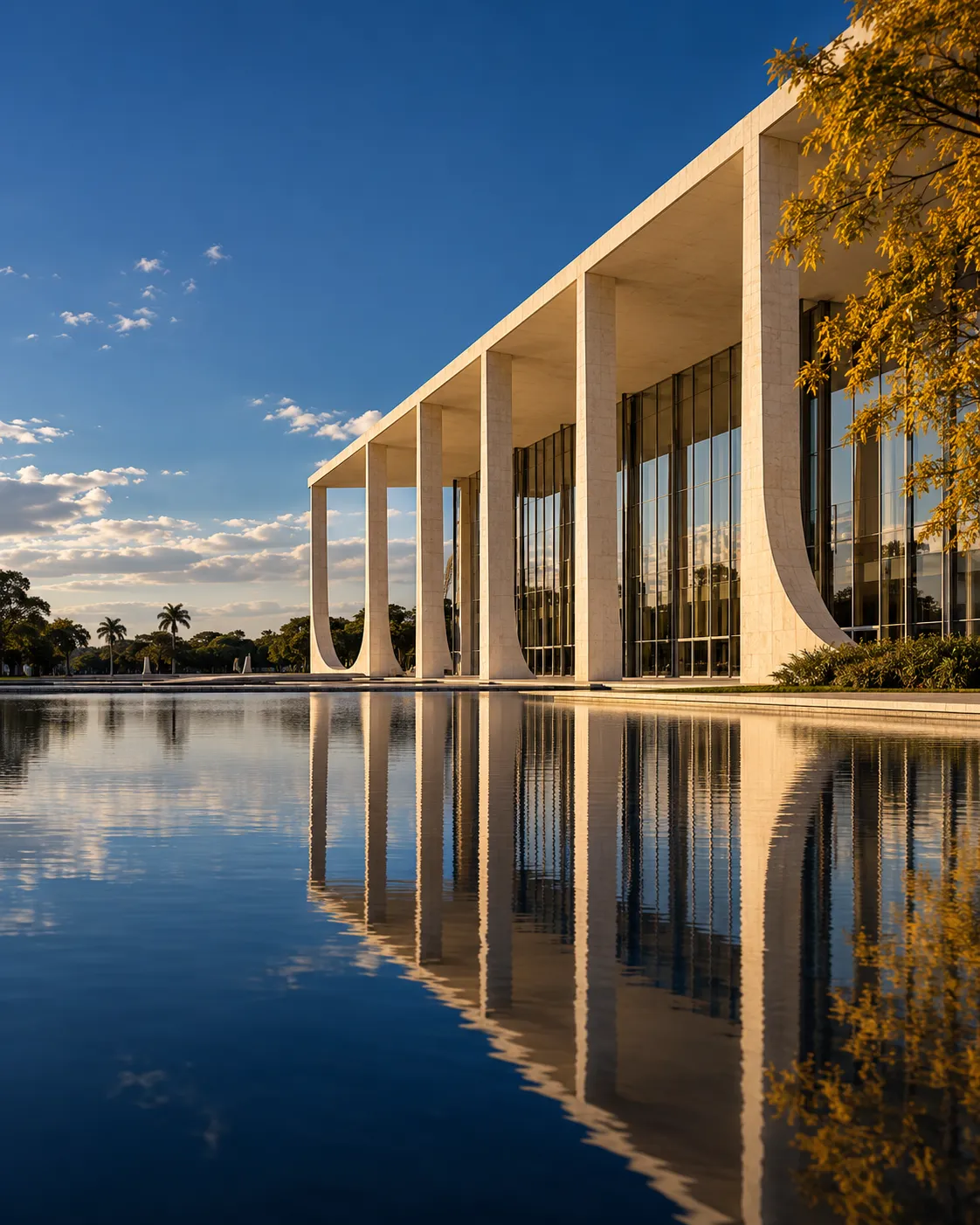 Edifício público contemporâneo com espelho d'água