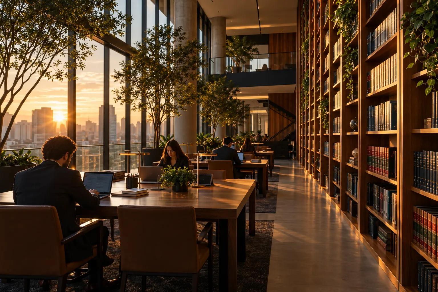 Biblioteca contemporânea iluminada pelo sol